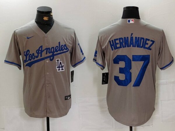 Men's Los Angeles Dodgers #37 Teoscar Hernandez Grey Cool Base Stitched Baseball Jerseys