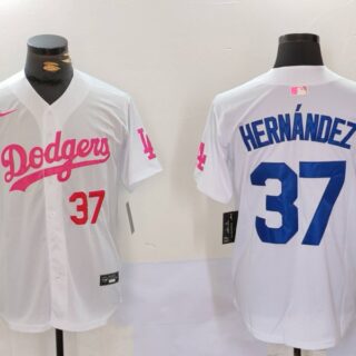 Men's Los Angeles Dodgers #37 Teoscar Hernandez White Pink Vin & Kobe Patch Stitched Baseball Jerseys