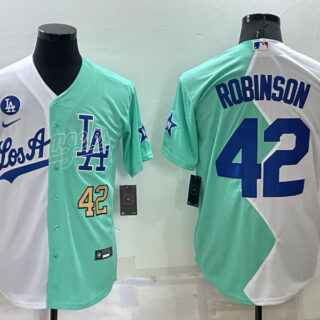Men's Los Angeles Dodgers #42 Jackie Robinson 2022 All-Star White Green Cool Base Stitched Baseball Jersey