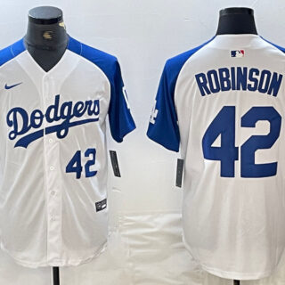 Men's Los Angeles Dodgers #42 Jackie Robinson White Blue Vin Patch Cool Base Stitched Baseball Jersey