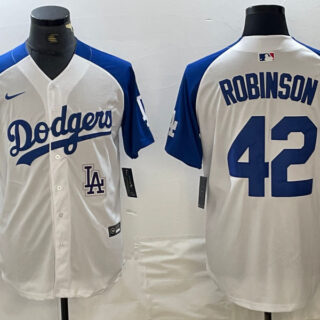 Men's Los Angeles Dodgers #42 Jackie Robinson White Blue Vin Patch Cool Base Stitched Baseball Jersey