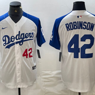 Men's Los Angeles Dodgers #42 Jackie Robinson White Blue Vin Patch Cool Base Stitched Baseball Jersey