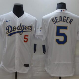 Men's Los Angeles Dodgers #5 Corey Seager White Gold 2021 Gold Program Flexbase Jersey