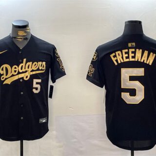 Men's Los Angeles Dodgers #5 Freddie Freeman Black Gold 2024 World Series Champions With Fernando Memorial Patch Limited Stitched Baseball Jersey