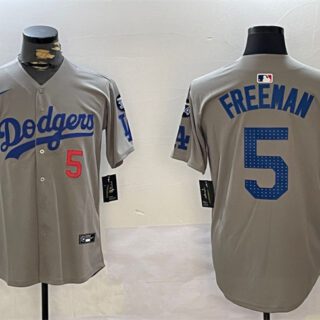 Men's Los Angeles Dodgers #5 Freddie Freeman Grey 2024 World Series Champions With Fernando Memorial Patch Limited Stitched Baseball Jersey