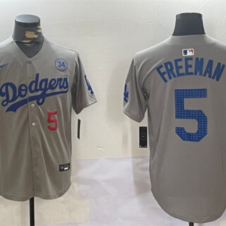 Men's Los Angeles Dodgers #5 Freddie Freeman Grey 2024 World Series With No. 34 Patch Limited Stitched Baseball Jersey