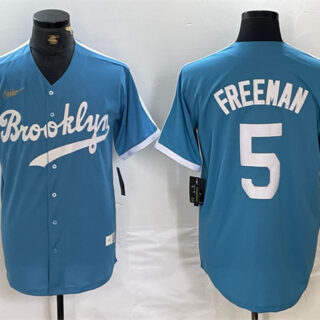 Men's Los Angeles Dodgers #5 Freddie Freeman Light Blue Throwback Cool Base Stitched Baseball Jersey