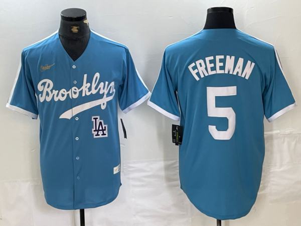 Men's Los Angeles Dodgers #5 Freddie Freeman Light Blue Throwback Cool Base Stitched Baseball Jerseys