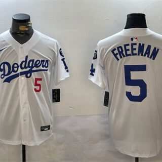 Men's Los Angeles Dodgers #5 Freddie Freeman White 2024 World Series Champions With Fernando Memorial Patch Home Limited Stitched Baseball Jersey