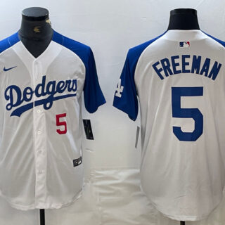 Men's Los Angeles Dodgers #5 Freddie Freeman White Blue Vin Patch Cool Base Stitched Baseball Jersey