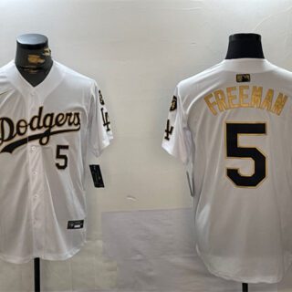 Men's Los Angeles Dodgers #5 Freddie Freeman White Gold 2024 World Series Champions With Fernando Memorial Patch Limited Stitched Baseball Jersey