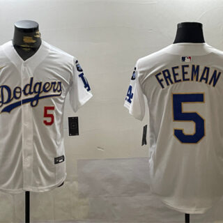 Men's Los Angeles Dodgers #5 Freddie Freeman White Gold 2024 World Series With Fernando Memorial Patch Home Limited Stitched Baseball Jersey