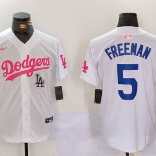 Men's Los Angeles Dodgers #5 Freddie Freeman White Pink Vin & Kobe Patch Stitched Baseball Jerseys