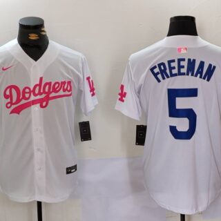 Men's Los Angeles Dodgers #5 Freddie Freeman White Pink Vin & Kobe Patch Stitched Baseball Jerseys