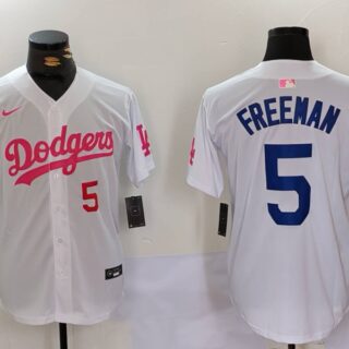 Men's Los Angeles Dodgers #5 Freddie Freeman White Pink Vin & Kobe Patch Stitched Baseball Jerseys