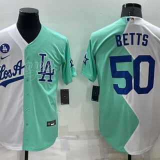 Men's Los Angeles Dodgers #50 Mookie Betts 2022 All-Star White Green Cool Base Stitched Baseball Jersey