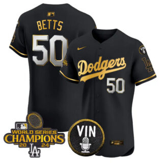 Men's Los Angeles Dodgers #50 Mookie Betts Black Gold 2024 World Series Champions With Vin Patch Vapor Limited Stitched Baseball Jersey