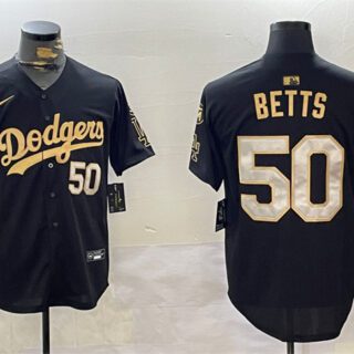 Men's Los Angeles Dodgers #50 Mookie Betts Black Gold 2024 World Series With Fernando Memorial Patch Limited Stitched Baseball Jersey