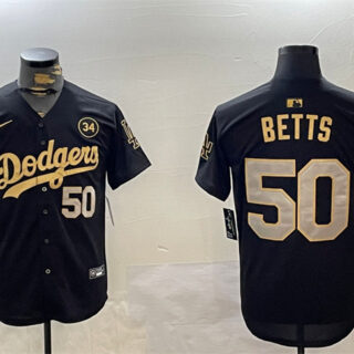 Men's Los Angeles Dodgers #50 Mookie Betts Black Gold 2024 World Series With No. 34 Patch Limited Stitched Baseball Jersey