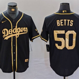 Men's Los Angeles Dodgers #50 Mookie Betts Black Gold World Series Champions Cool Base Stitched Baseball Jersey