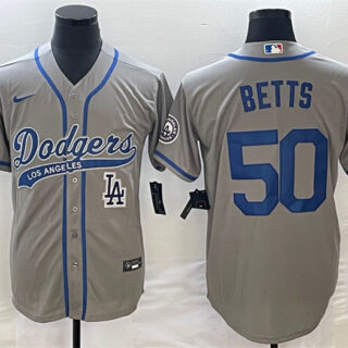 Men's Los Angeles Dodgers #50 Mookie Betts Gray With Patch Cool Base Stitched Baseball Jersey