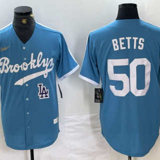 Men's Los Angeles Dodgers #50 Mookie Betts Light Blue Throwback Cool Base Stitched Baseball Jerseys