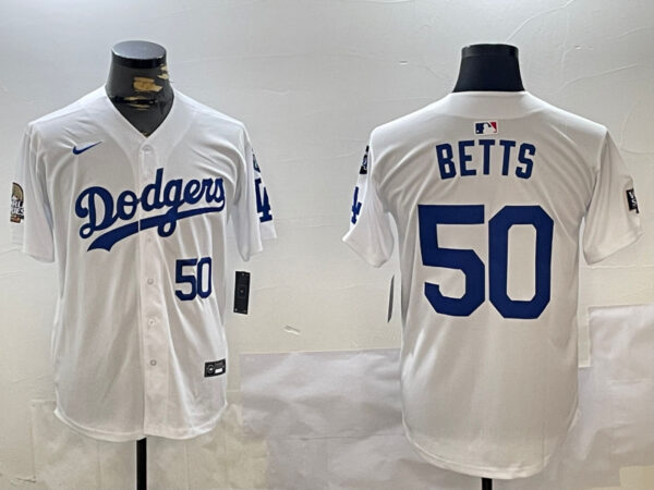 Men's Los Angeles Dodgers #50 Mookie Betts White 2024 World Series With Fernando Memorial Patch Home Limited Stitched Baseball Jerseys