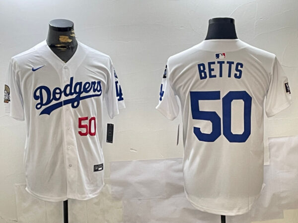 Men's Los Angeles Dodgers #50 Mookie Betts White 2024 World Series With Fernando Memorial Patch Home Limited Stitched Baseball Jerseys