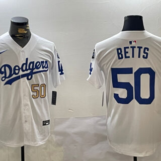 Men's Los Angeles Dodgers #50 Mookie Betts White 2024 World Series With Fernando Memorial Patch Home Limited Stitched Baseball Jerseys