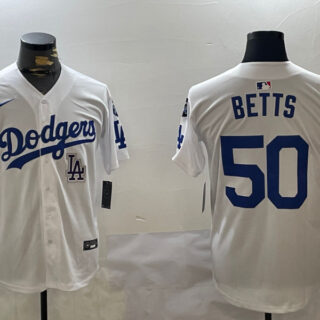 Men's Los Angeles Dodgers #50 Mookie Betts White 2024 World Series With Fernando Memorial Patch Home Limited Stitched Baseball Jerseys