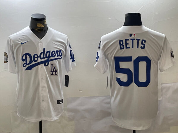 Men's Los Angeles Dodgers #50 Mookie Betts White 2024 World Series With Fernando Memorial Patch Home Limited Stitched Baseball Jerseys