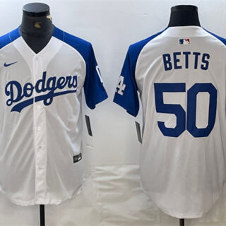 Men's Los Angeles Dodgers #50 Mookie Betts White Blue Vin Patch Cool Base Stitched Baseball Jersey