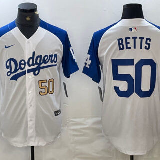 Men's Los Angeles Dodgers #50 Mookie Betts White Blue Vin Patch Cool Base Stitched Baseball Jersey