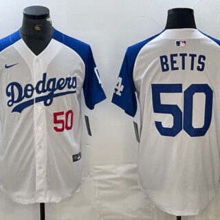 Men's Los Angeles Dodgers #50 Mookie Betts White Blue Vin Patch Cool Base Stitched Baseball Jersey