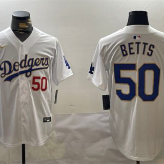 Men's Los Angeles Dodgers #50 Mookie Betts White Gold 2024 World Series Home Limited Stitched Baseball Jersey