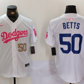 Men's Los Angeles Dodgers #50 Mookie Betts White Pink Vin & Kobe Patch Stitched Baseball Jerseys