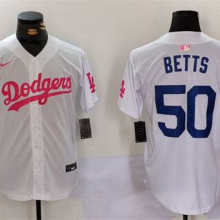 Men's Los Angeles Dodgers #50 Mookie Betts White Pink Vin & Kobe Patch Stitched Baseball Jersey