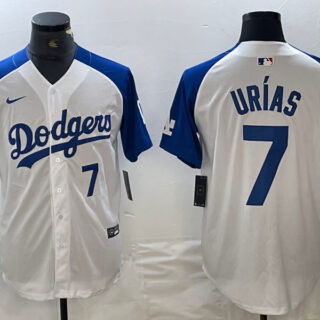 Men's Los Angeles Dodgers #7 Julio Urías White Blue Vin Patch Cool Base Stitched Baseball Jersey