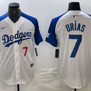Men's Los Angeles Dodgers #7 Julio Urías White Blue Vin Patch Cool Base Stitched Baseball Jersey
