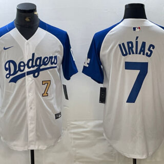 Men's Los Angeles Dodgers #7 Julio Urías White Blue Vin Patch Cool Base Stitched Baseball Jersey