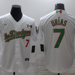 Men's Los Angeles Dodgers #7 Julio Urias White Green Cool Base Stitched Baseball Jersey