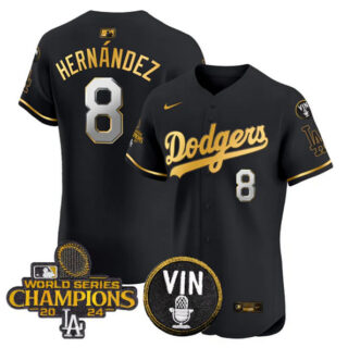 Men's Los Angeles Dodgers #8 Enrique Hernandez Black Gold 2024 World Series Champions With Vin Patch Vapor Limited Stitched Baseball Jersey