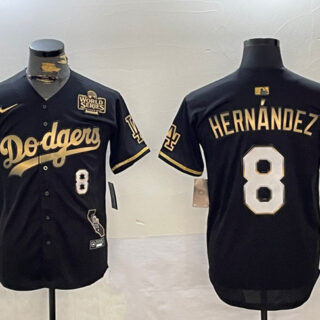 Men's Los Angeles Dodgers #8 Enrique Hernandez Black Gold 2024 World Series With Vin & California Patch Vapor Premier Limited Stitched Baseball Jersey