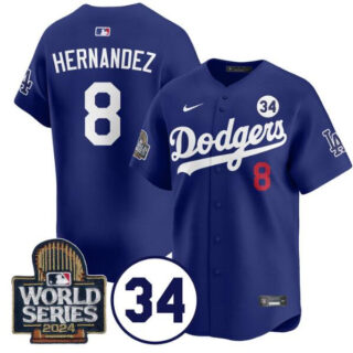 Men's Los Angeles Dodgers #8 Enrique Hernandez Royal 2024 World Series With No. 34 Patch Limited Stitched Baseball Jersey