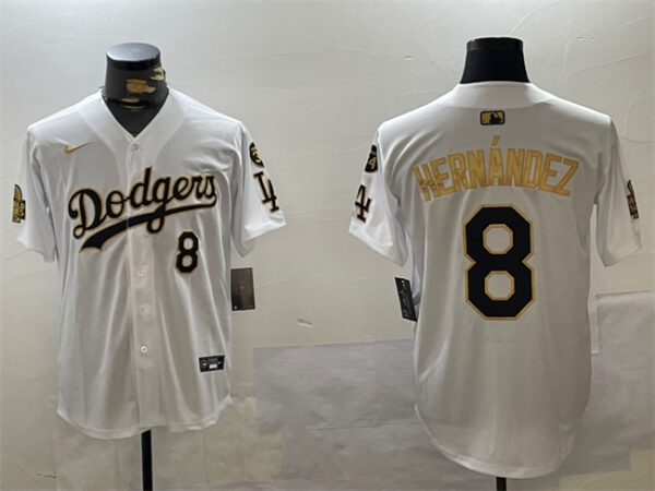 Men's Los Angeles Dodgers #8 Enrique Hernandez White Gold 2024 World Series With Fernando Memorial Patch Home Limited Stitched Baseball Jersey