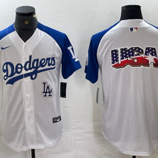 Men's Los Angeles Dodgers Big Logo White Blue Vin Patch Cool Base Stitched Baseball Jersey