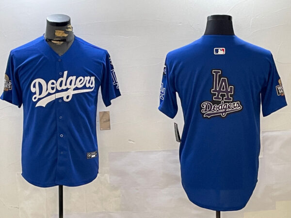 Men's Los Angeles Dodgers Blank Blue 2024 World Series With No. 34 Patch Home Limited Stitched Baseball Jersey(Run Small)