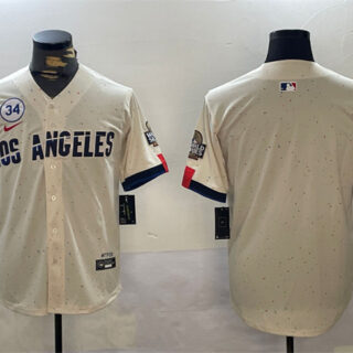 Men's Los Angeles Dodgers Blank Cream 2024 World Series With No. 34 Patch Limited Stitched Baseball Jersey
