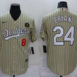 Men's Los Angeles Dodgers Front #8 Back #24 Kobe Bryant Cream With KB Patch Cool Base Stitched Jersey