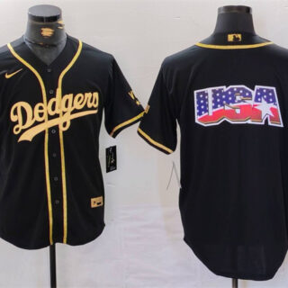 Men's Los Angeles Dodgers Team Big Logo Black Gold Cool Base With Patch Stitched Baseball Jerseys